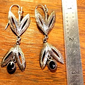 925 Silver leaf earrings with inlaid onyx.